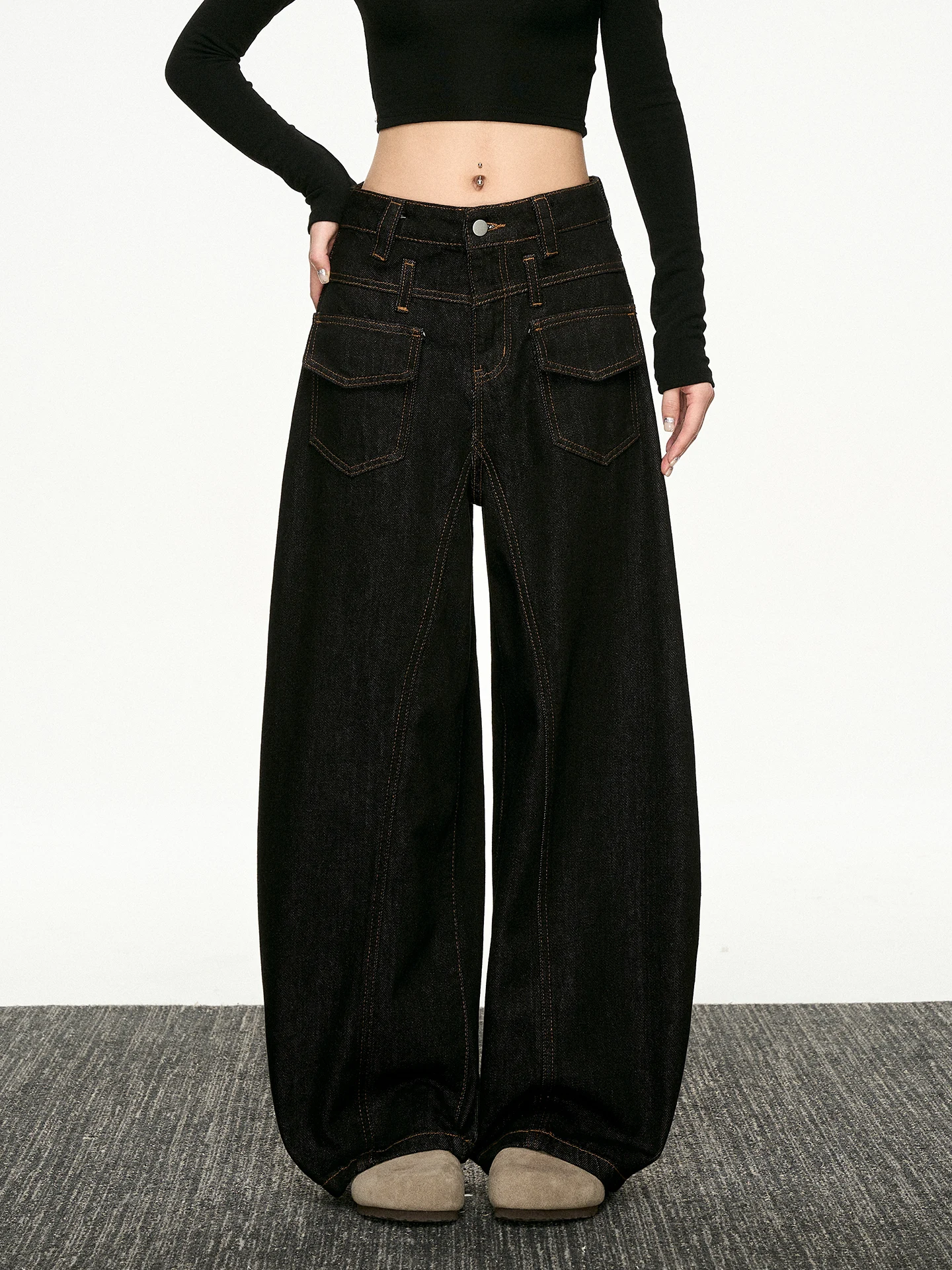 

Aaisup American Style Knife Denim Jeans Women's Spring Autumn Design Unique Chic Wide Leg Pants Natural Waist Pocket