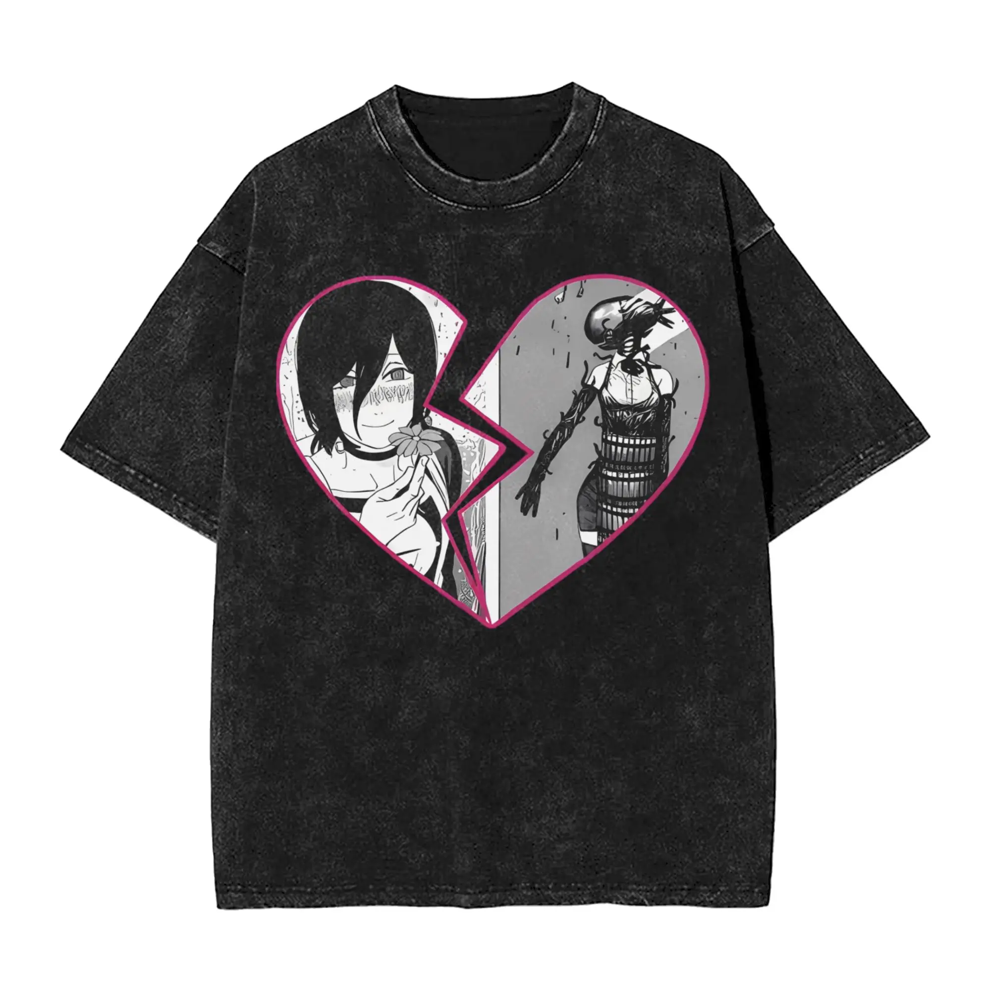 Print Heart Breaking Chainsaws Man Reze Vintage Washed T-Shirt Men Cotton Short Sleeve Devil Manga Round Neck Summer Tops Shirts