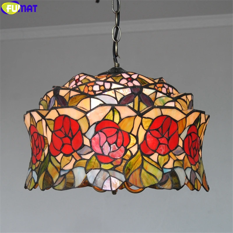 FUMAT Tiffany Style Pendant Lamp 3D Solid  Red Rose Stained Glass Cap Light Handcraft Arts Hanging Lights Fixture Home Decor 16