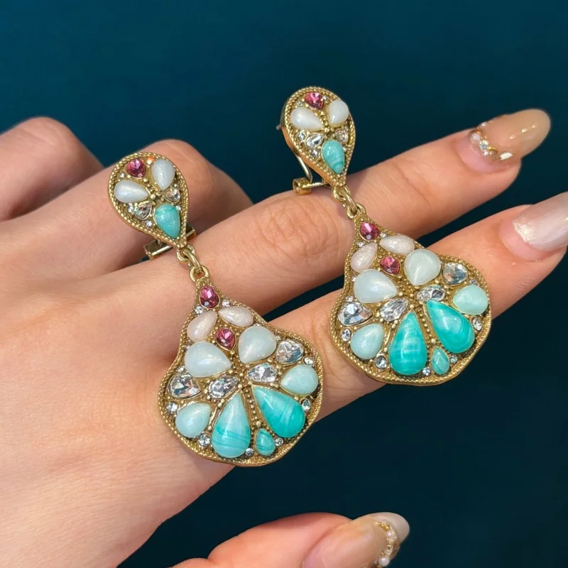 Vintage Colorful Droplet Resin Fan-Shaped Studs Earrings For Women Luxury Brand Designer Antique 18k Gold Color Jewelry Gift New