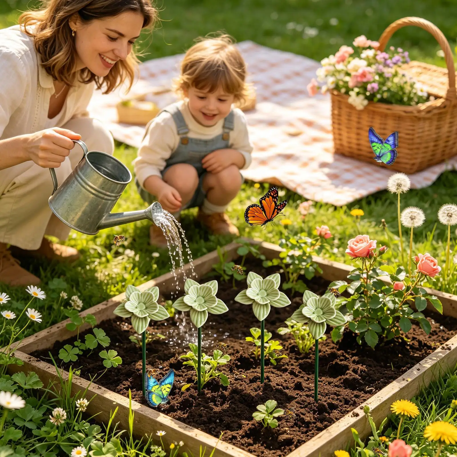 Cups For Bees 4 Pieces Ceramic Waterer With Stake Flower Shape Bee Bath For Butterfly Hummingbird Outside Indoor Decor Yard
