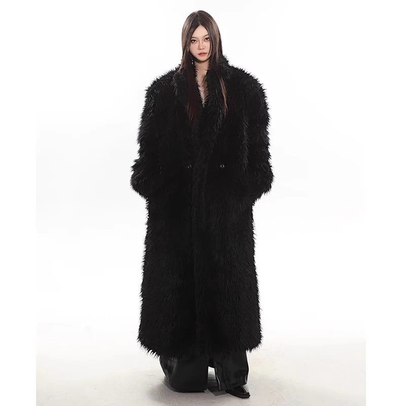 Winter Big Size Fluffy Fur Coat Women Long Black Faux Fur Jacket Luxury Design Long Faux Fur Coat Streetwear Windproof Jackets