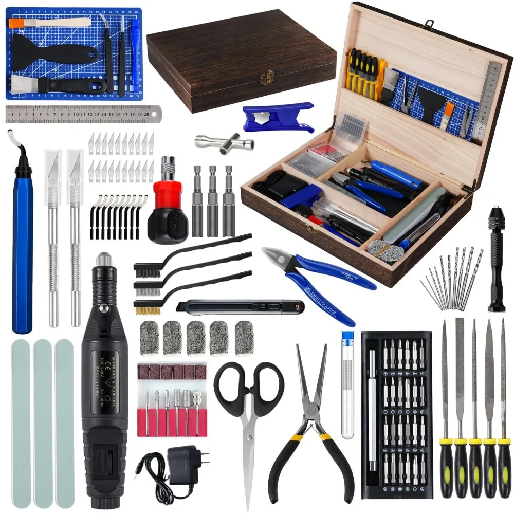 

Комплексный набор аксессуаров для 3D-печати из 124 предметов с деревянным ящиком для инструментов, инструментами для удаления заусенцев и шлифовки