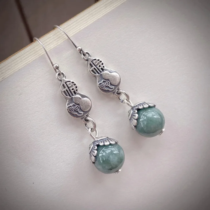 Elegant 925 Sterling Silver Jade Long Hanging earrings Jewelry 2022 Vintage Round Bead Gourd Piercing Dangle EH046