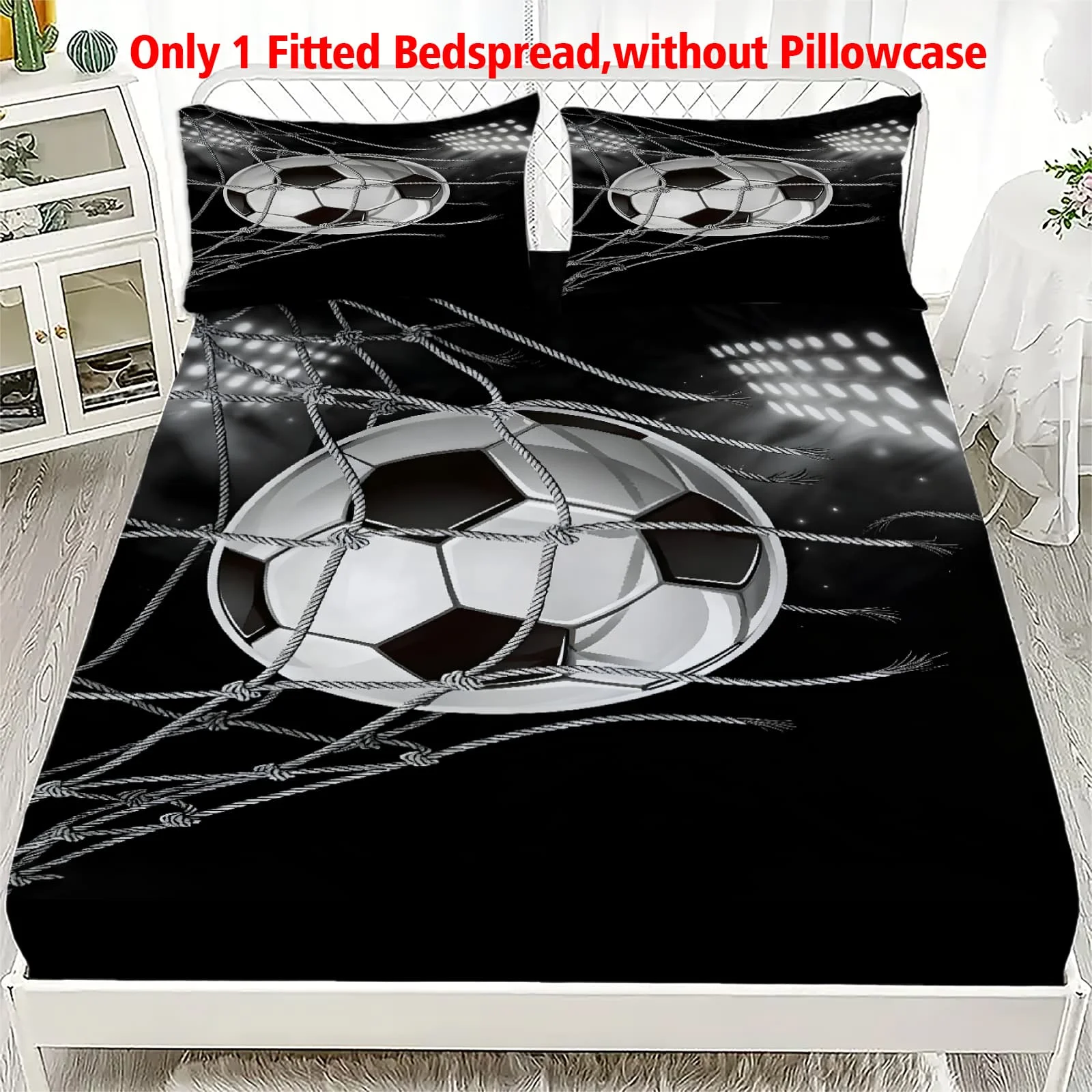 1pc Realistic Soccer Ball in Net Print Fitted Sheet Deep Pocket Elastic Mattress Cover Single Double Queen King Bedroom Decor