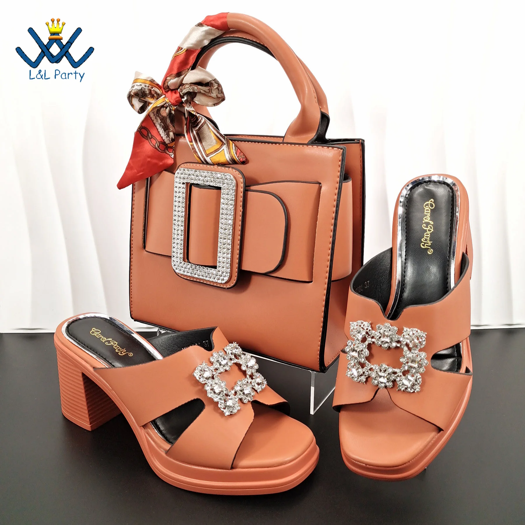 

Square Heels 2024 New Arrivals Nigerian Women Shoes and Bag Set in Orange Color Peep Toe Slipper for Party with Platform