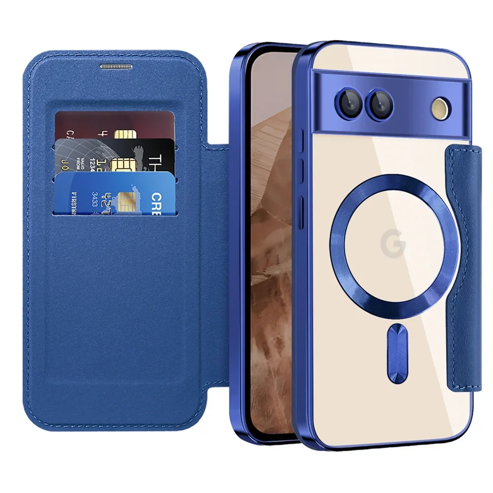 Luxury Leather Wallet Card Clip Magnetic Clear Phone Case for Google Pixel 9 Pro XL 8A 7A Plating Wireless Charging Flip Cover