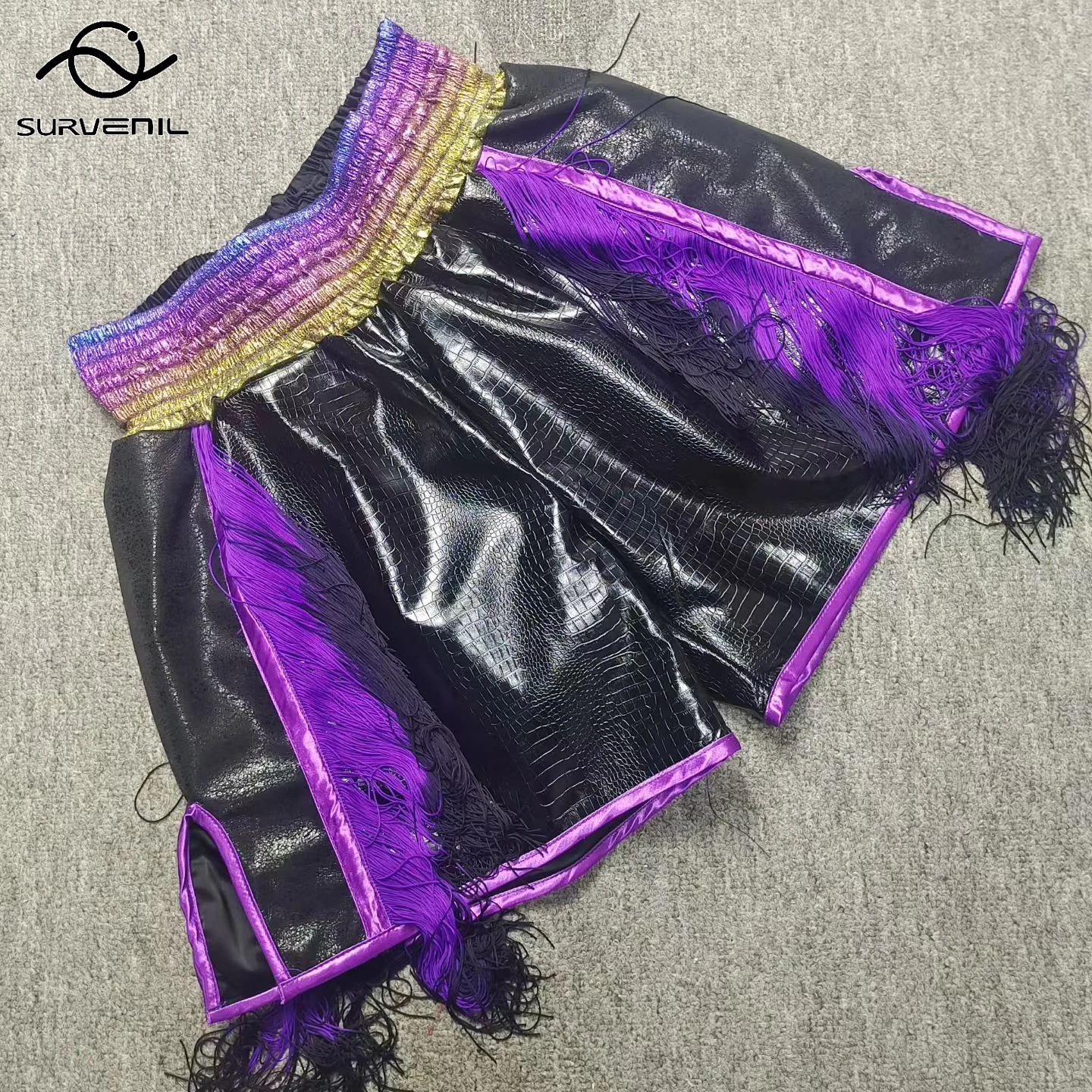 Premium Leather Kickboxing Muay Thai Shorts Purple Fringe Side Split Boxing Training Sparring Competition Wear for Martial Arts