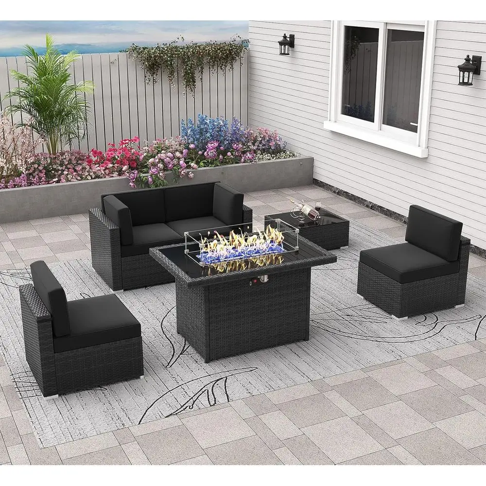 6-Piece Outdoor Wicker Sectional Sofa Set with 44 Gas Fire Pit Table