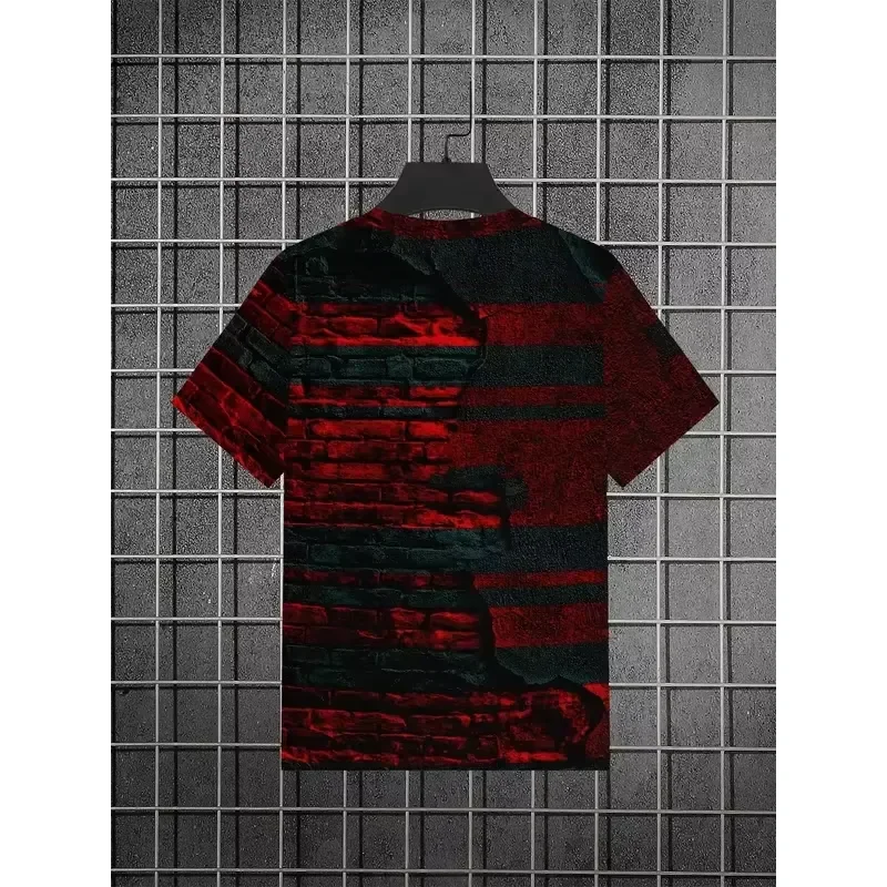 3D Digital Print Men T Shirt 2026 Retro Red Brick Wall Red Black Striped Splicing Short Sleeve Casual Breathable Comfortable