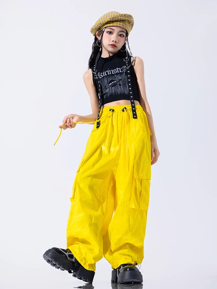 2024 Kids Jazz Dance Clothes Girls Navel Tops Yellow Pants Loose Hip Hop Clothing Loose Street Dance Performance Costume BL13412