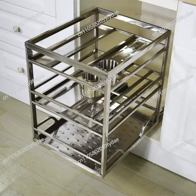 New Kitchen Kitchen Cabinet 304 Pull Basket Square Tube Damping Seasoning Basket Drawer Storage Knife Holder Bottle Jar Storage
