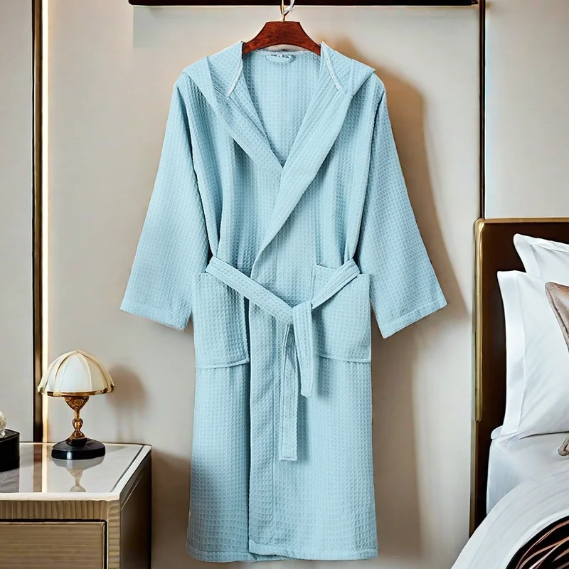 100% Cotton Bathrobe Couple Summer Swimming Loose Nightgown Thin Embroidered Waffle Bathrobe Sleepwear Women Men Nightwear Gown