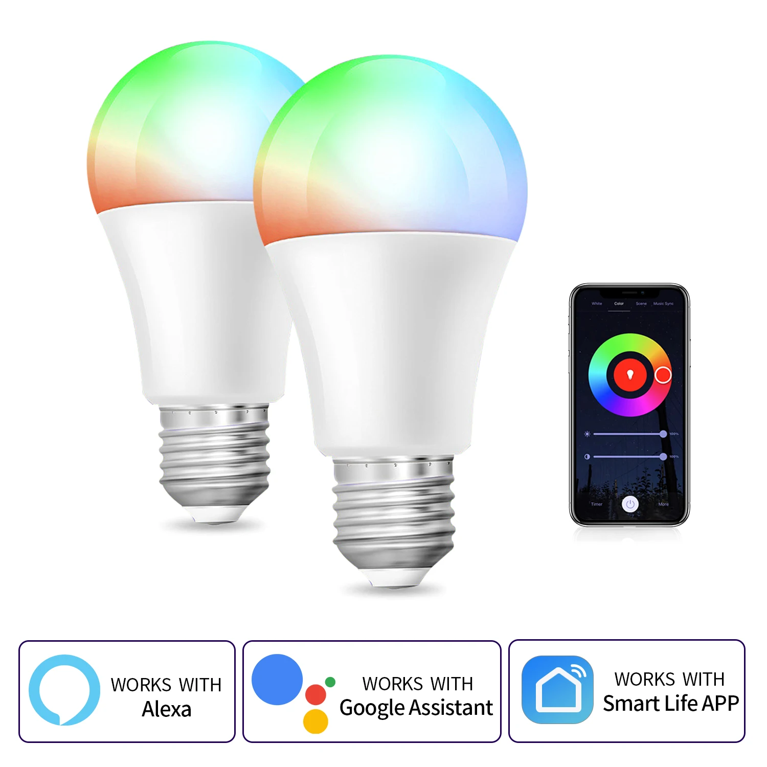 2Pcs Wifi Smart Led Light Bulb Tuya Lamp A60 E26 Base 9W 110-130V Voice Control Alexa Google For Room Home Decor