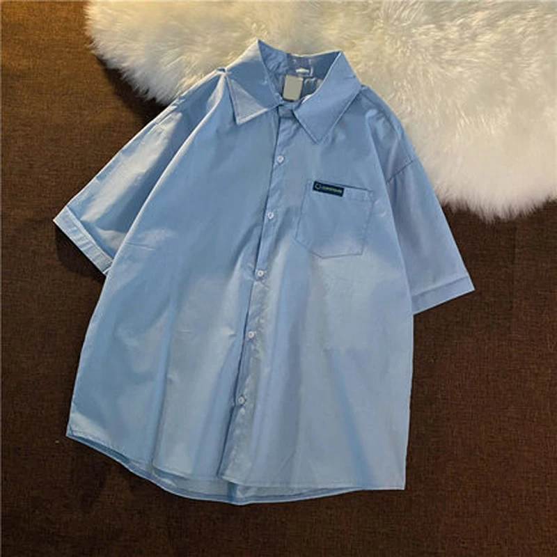

Shirts Women Short Sleeve blouses Solid Loose Turn Down Collar College Simple Womens All-match Harajuku 2022 Summer NS5102