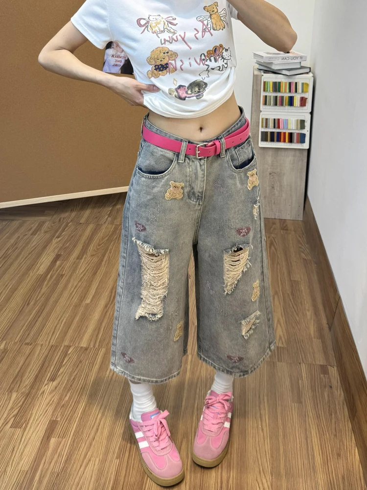

Retro American Bear Embroidery Hole Denim Seven-Foot Pants Women Summer High Street Loose Slim Wide Leg Medium Pants