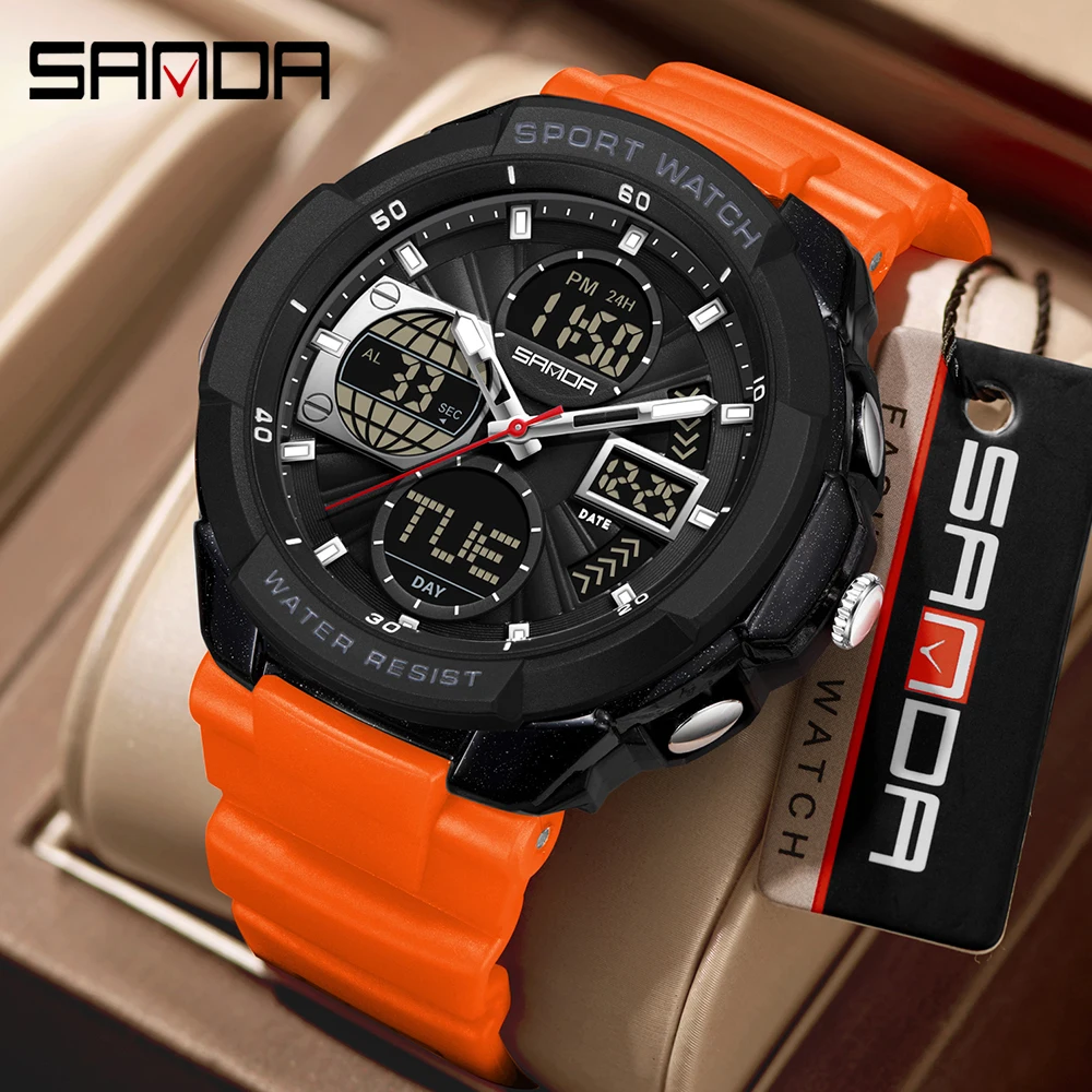SANDA 6298 العلامة التجارية ساعة رياضية رجالية عادية الخلفية 50 متر مكافحة طالب المنبه عرض مزدوج ساعة رقمية