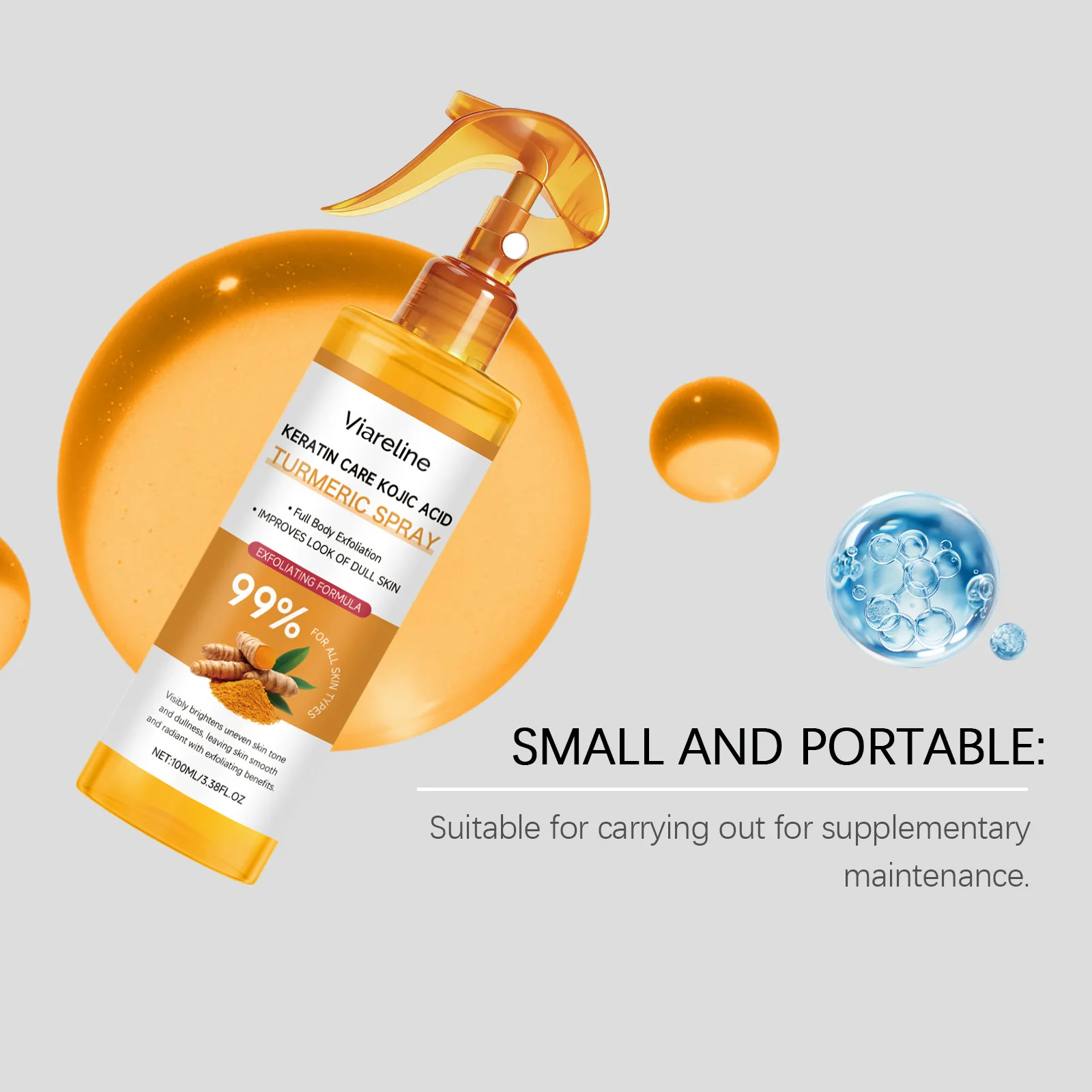 Viareline Spray esfoliante alla curcuma Ridurre i pori Ridurre la melanina Schiarire duraturo Rimuovi la pelle morta Controllo dell'olio Olio detergente per il corpo