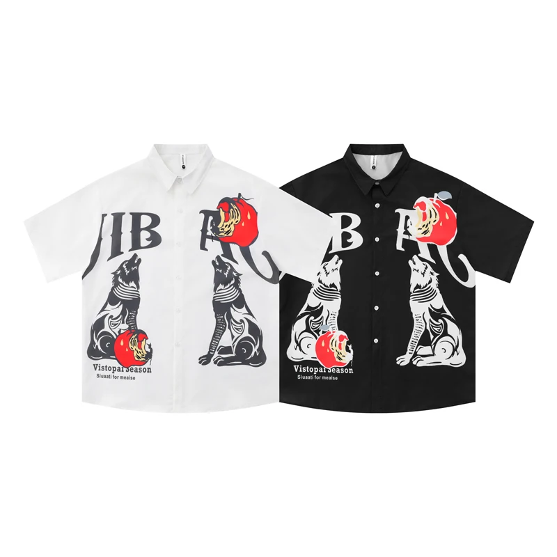 

Black White Symmetrical Wolf Howling Bad Apple Pattern Shirt Men Women Retro High Street Loose Short Sleeved Top Tees