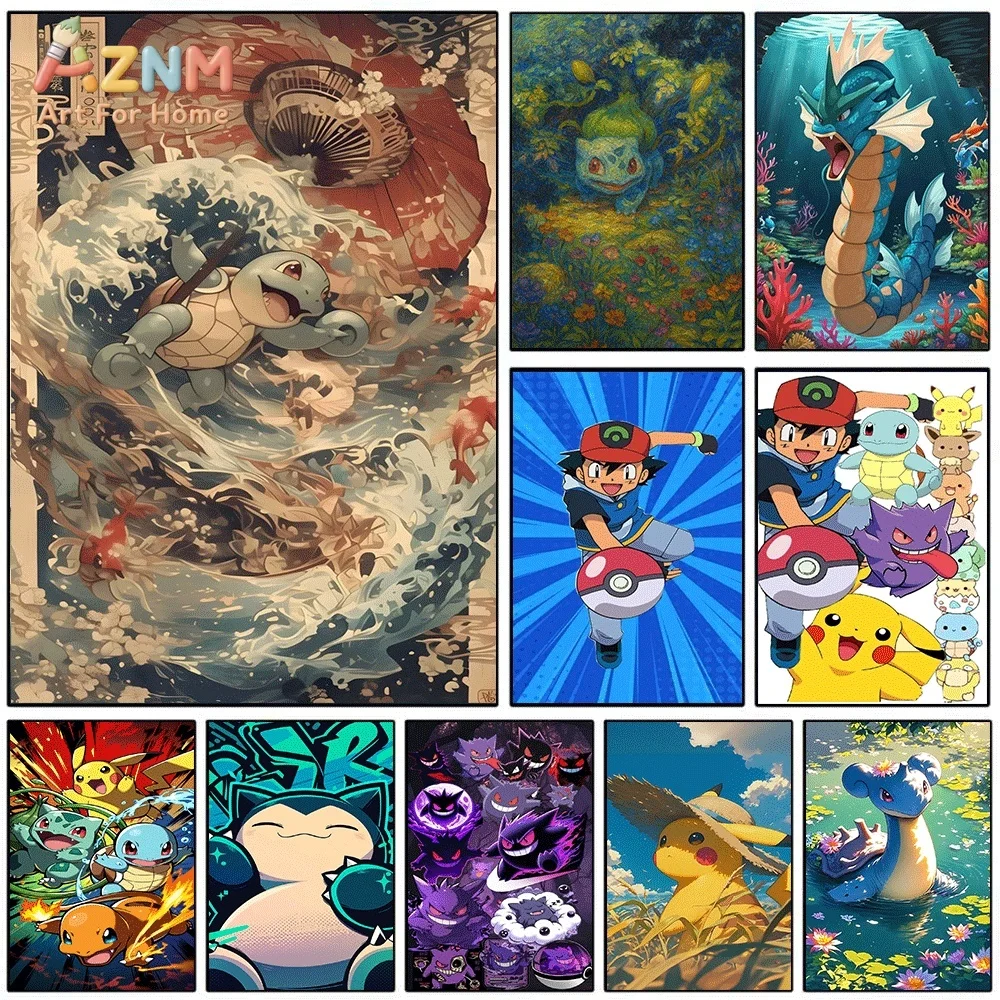 AZNM Squirtle Cute Water‑Type Turtle Character Ukiyo‑e Style Canvas Wall Print, Pokemon Anime Art Poster, Unframed Canvas Pain