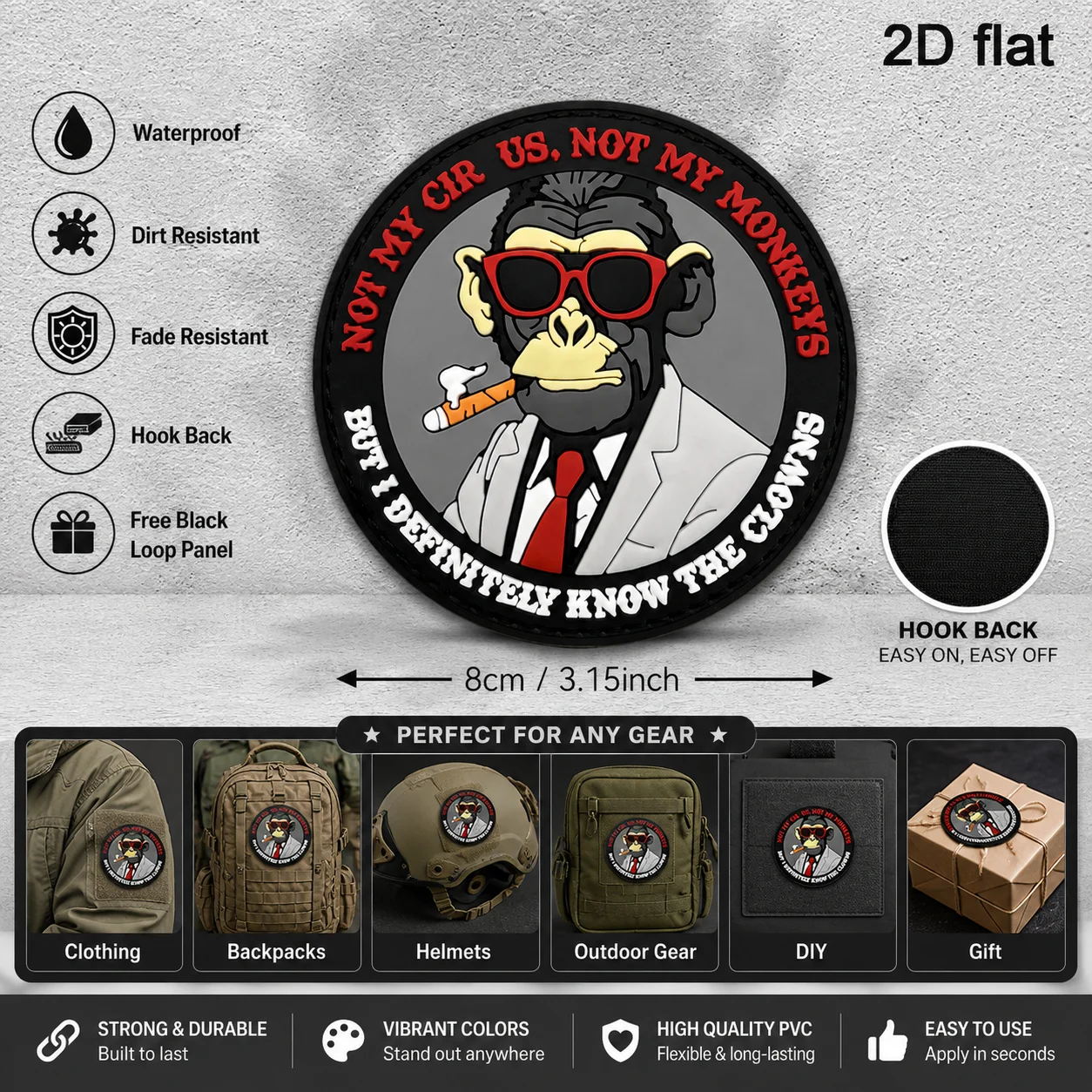 Specifications Available: 1Pc/2Pcs/3Pcs. Trendy Cigar Gorilla Round Pvc Arm Patch with Hook and Loop Fastener, Featuring a 3D Embossed Edge, Durable and Reusable for Sticking and Removing. Suitable for Tactical Gear, Workwear, Motorcycle Bags, Camping Backpacks, Baseball Caps, Functional Vests, Student Backpacks, and Decoration