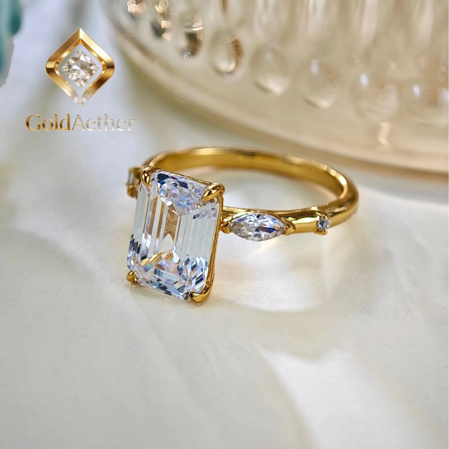 

GoldNouveau Luxury 100% Real 18k Gold real gold Women's Emerald Cut Moissanite Diamond Ring