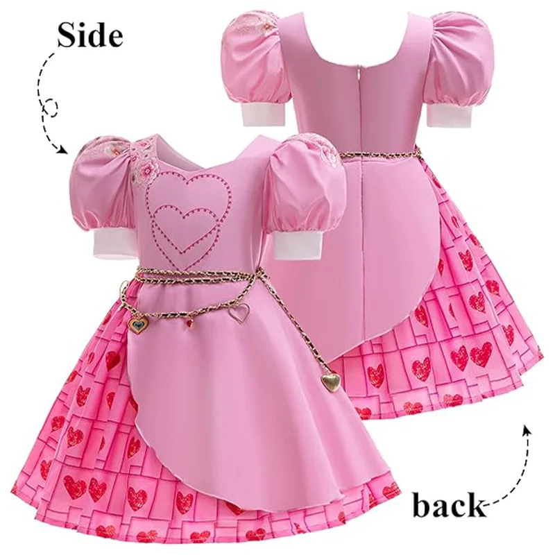 Movie Rise Red Costume Girls Bridget Pink Heart Print Princess Dress With Gem Sashes For Halloween Valentine Carnival Birthday