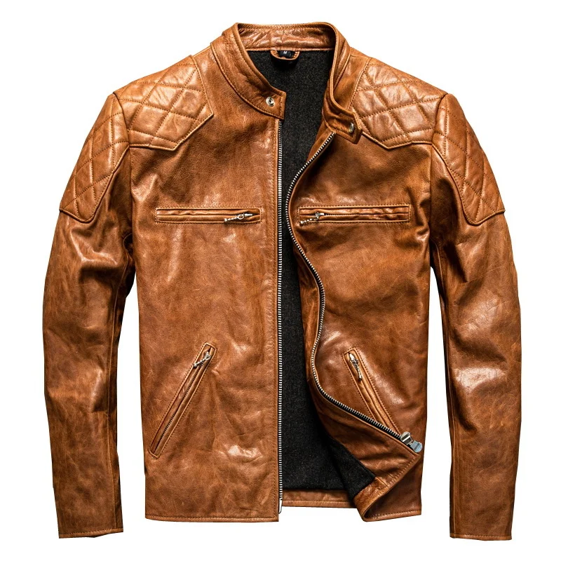 Jacket Orange Spring Men's Biker Style Plus Size 5XL Natural Cowhide Autumn Slim Fit Motorcycle Genuine Leather Coats