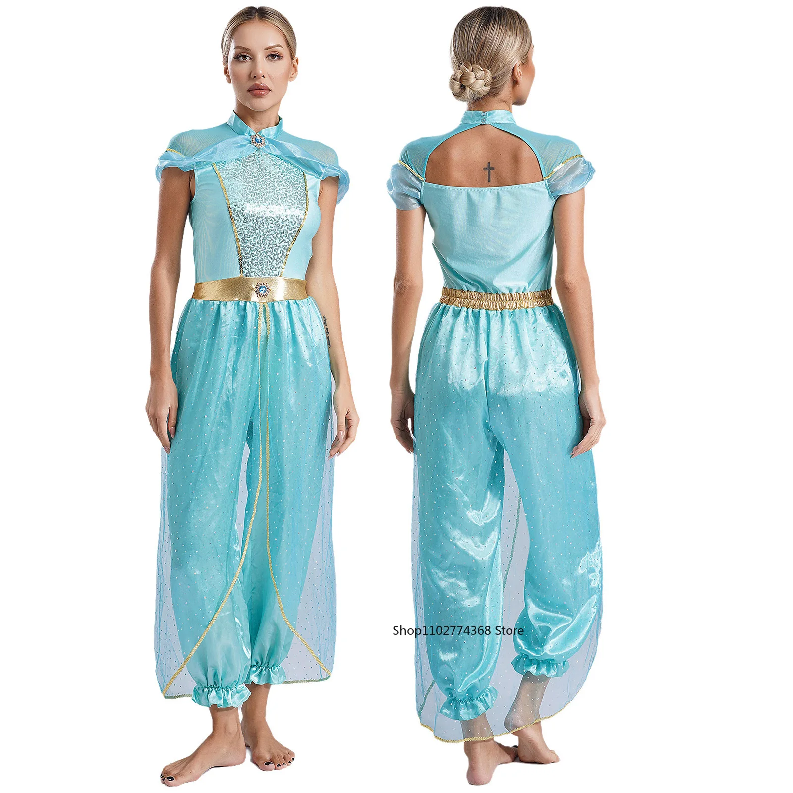 Womens Halloween Arabian Princess Costume Gems Sequin Tulle Rompers Belly Dance Jumpsuit for Carnival Aladin Theme Party Cosplay
