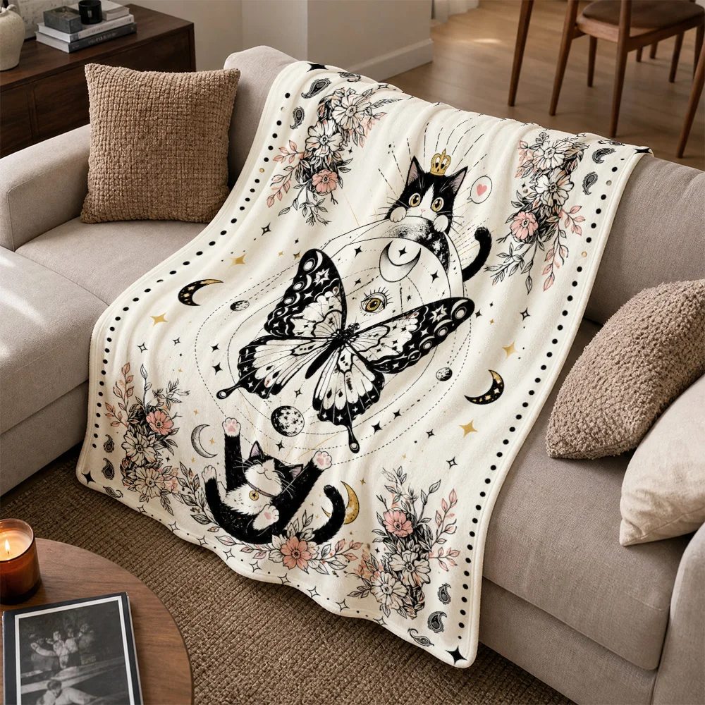 Cozy Boho Celestial Cat Butterfly Throw Blanket Zodiac Floral Print Witchy Decor Sofa Throw for Home Living Room Gifts