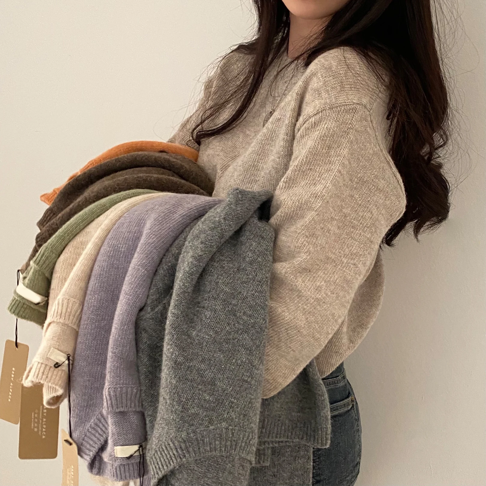 

REALEFT Autumn Winter Vintage Solid Women's Short Sweaters Long Sleeve O-neck Casual Loose Korean Knitted Pullovers Female