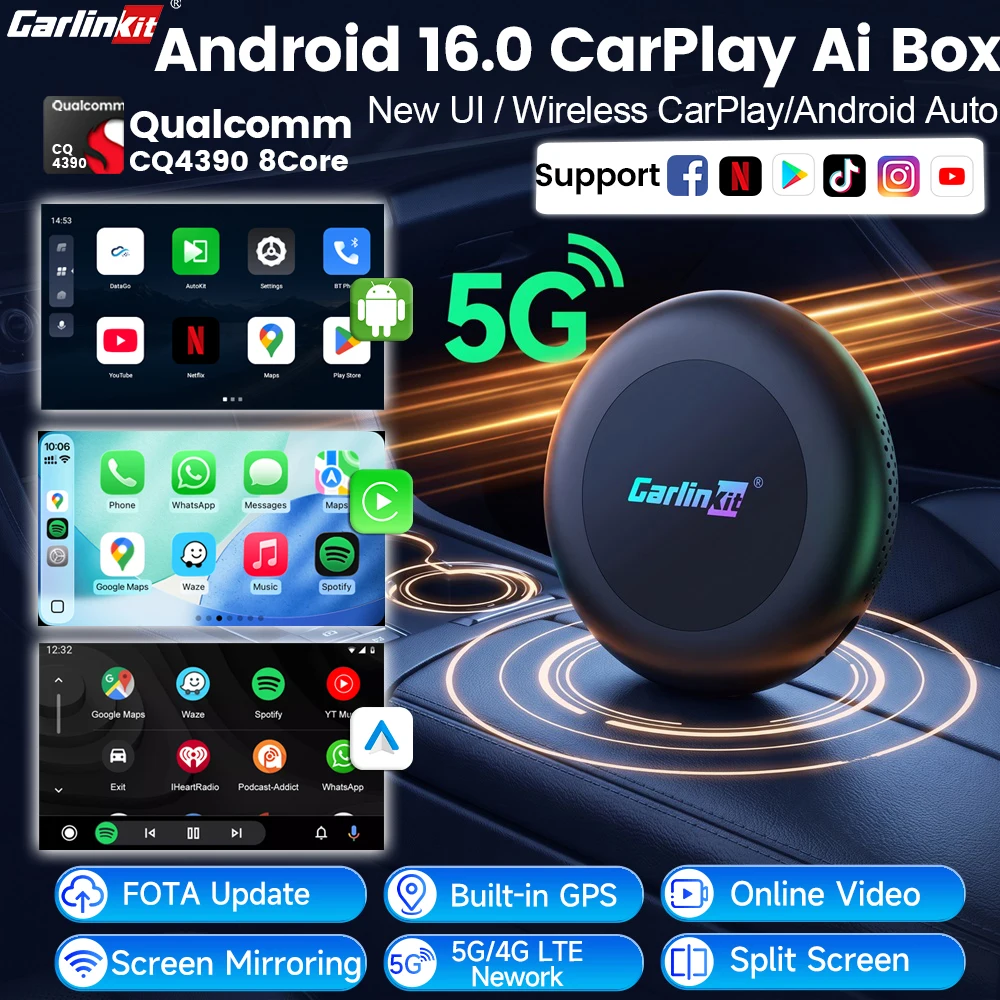 New CarlinKit Android 16 Ultra 2 CarPlay Ai Box CQ4390 8GB+128GB Wireless Mirroring Android Auto CarPlay For Netflix 5G/4G LTE