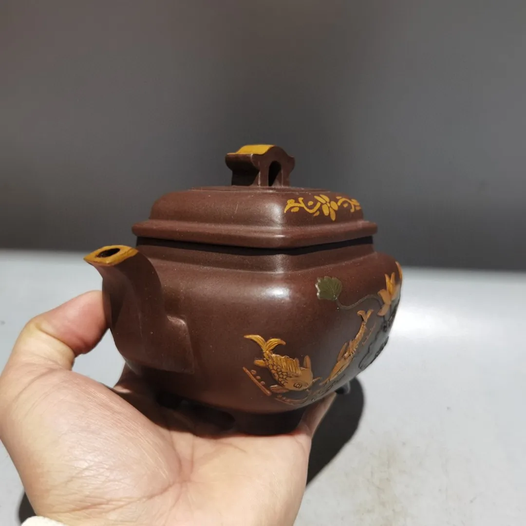 Yingxing redware ceramic tea-pot Outline in gold Four sided teapot Painted Fish and Lotus Pattern Teapot Kettle Flagon