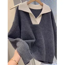 Winter Knitted Sweater For Women Turn Down Collar Patchwork Soft Knitting Sweaters Korean Casual Jumper Soft Warm Pull Femme