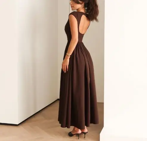 

Summer New Solid Color Sleeveless Round Neck Patchwork Casual Dress for Women, Elegant Slim Fit Waist Cinching Backless Dress