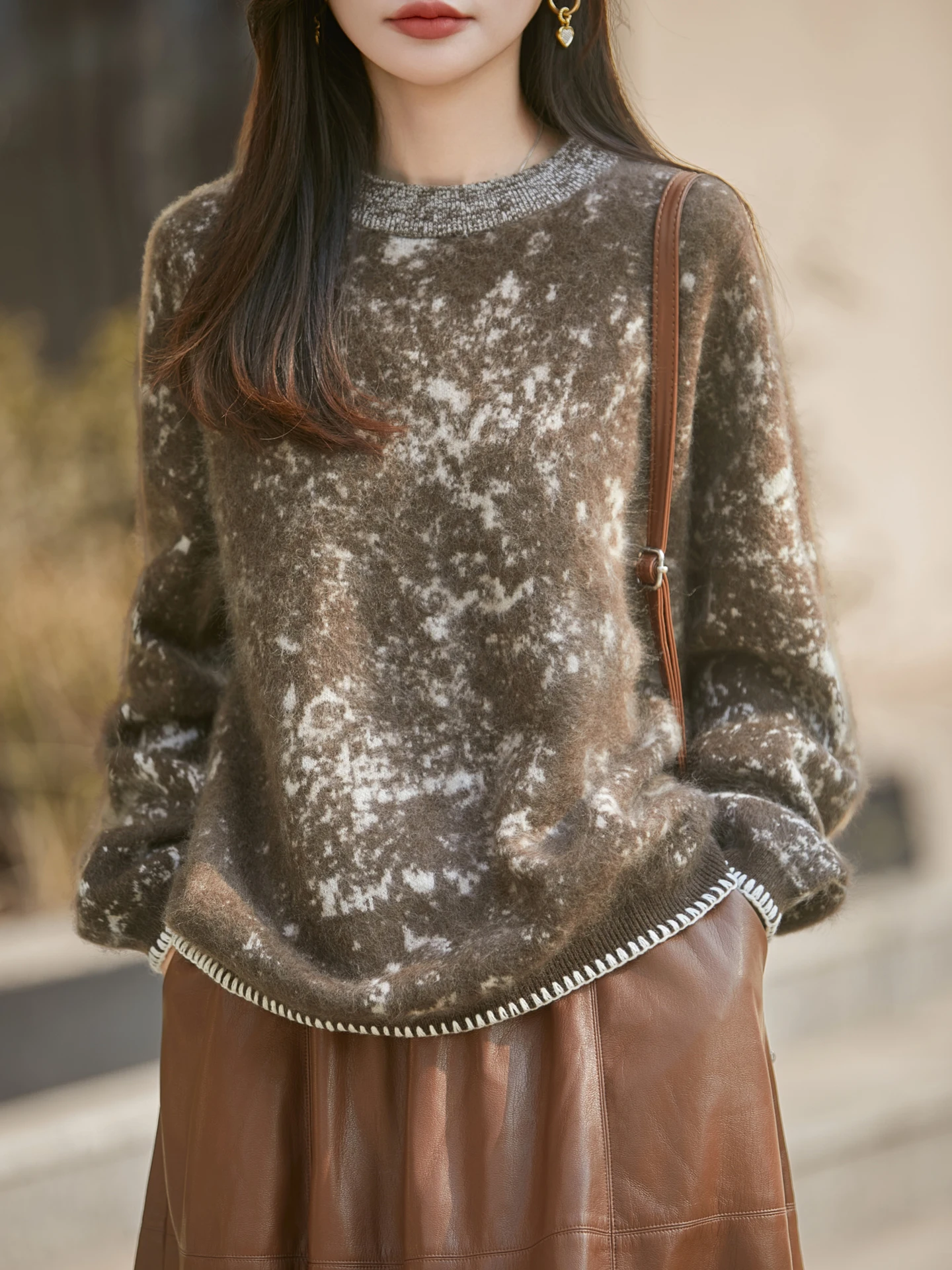 TLOML Women's 100% Plush Merino Wool Thicken O-neck Ink Wash Jacquard Pullover Sweater Cashmere Knitwear Autumn Winter Soft Tops