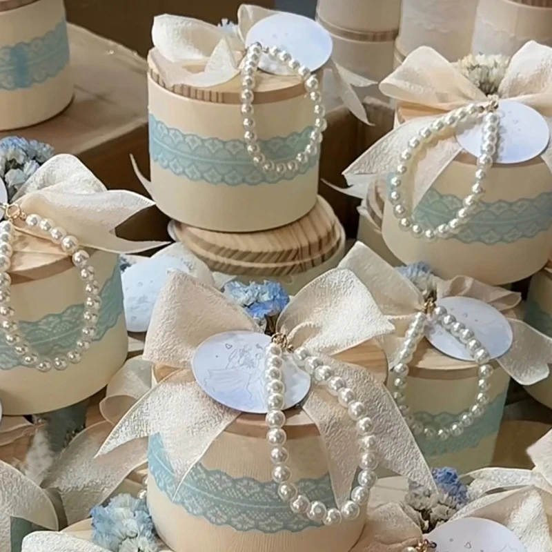 

Wooden Cover Pearl Wedding Candy Box Baby Shower Party Favor Packaging Gift Box Elegant Supplies