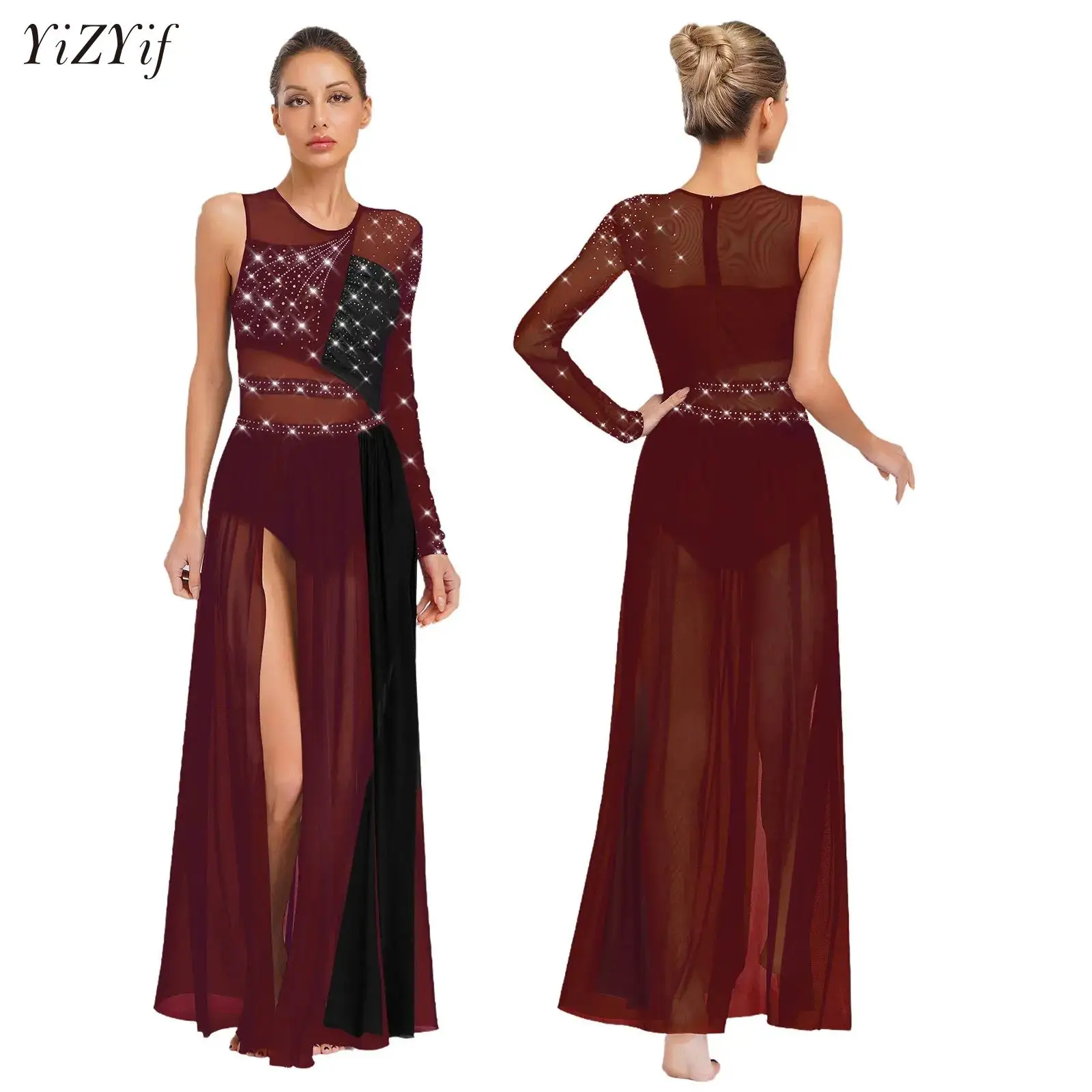 

Womens Ballet Dance Dress Modern Lyrical Ballroom Waltz Skating Stage Performance Costume Sheer Leotard Maxi Dresses Dancewear