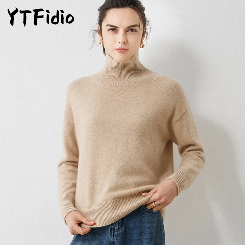 YTFidio 100% cashmere Women stand collar Mock Neck Slim Sweaters Solid Soft Warm Elastic Pullover  Female Tops 16