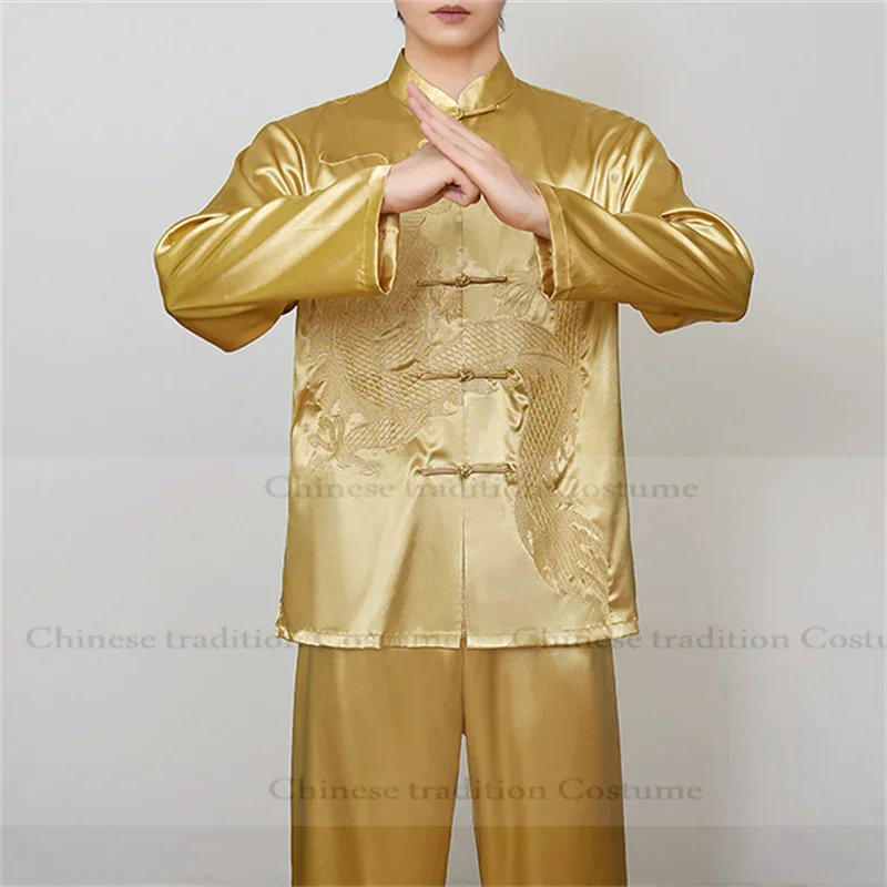 التقليدية الصينية تانغ دعوى الكونغ فو فنون الدفاع عن النفس 2 قطعة قميص السراويل الأصفر التنين التطريز Taichi زي طويلة الأكمام الزي #1