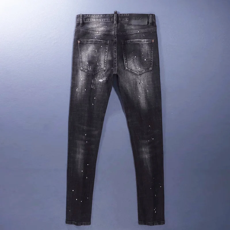Y2K Street Fashion New Men's Jeans Leather Tag Scratch Elastic Slim Fit Washed Nostalgic Black Gray Jeans Hip-Hop Brand Design