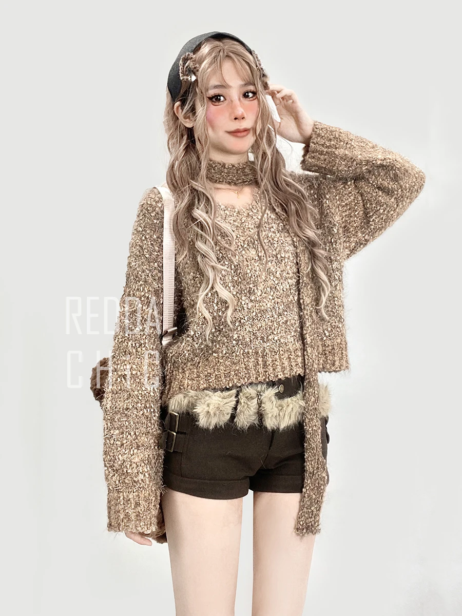 REDDACHiC Scarf Neck Women's Cropped Sweater Autumn Winter V-neck Long Sleeve Loose Fit Jumper Top Lounge Holiday Party Knitwear