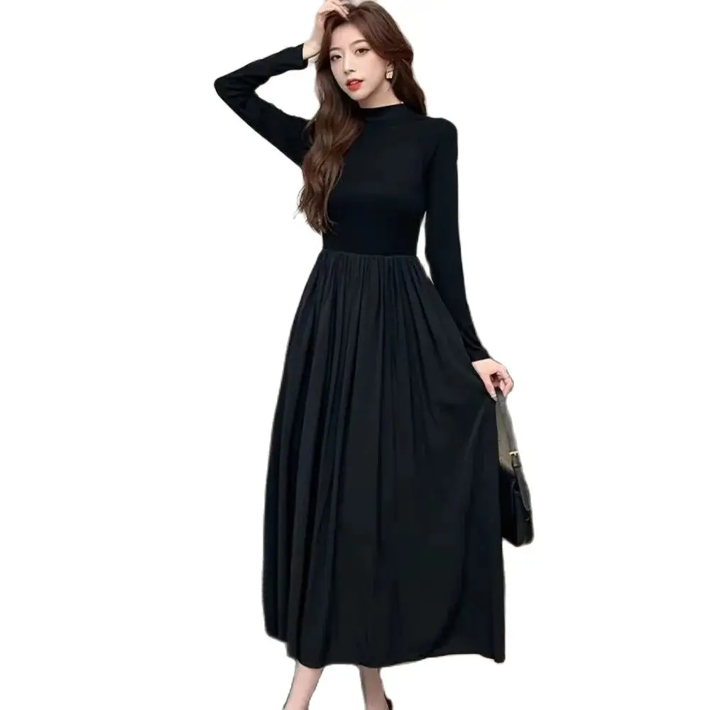 

2024 Spring Maternity Black Dress Long Sleeve High Waist Pregnant Woman Basic Dress Elegant Office Lady Fit and Loose Dresses