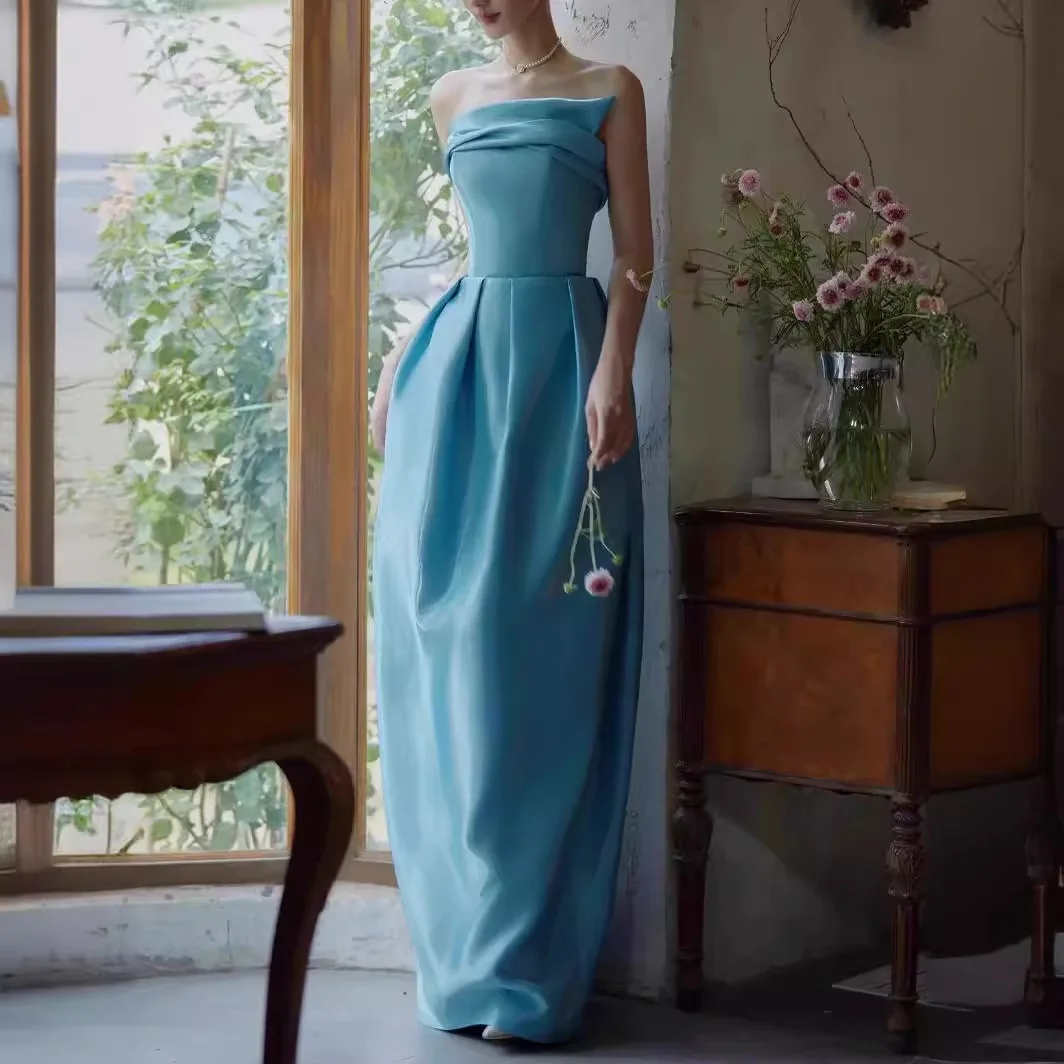 

Lake Blue Chinese Style Morning Robe Wedding Dress Luxury Lightweight Chiffon Evening Gown for Engagement And Bridal Shower