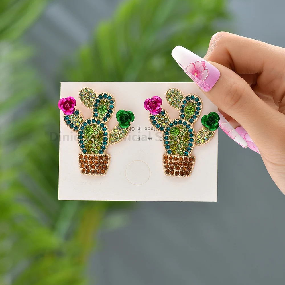 Cactus Female Unusual Decor Festival Party Jewelry Trend Luxury Full Rhinestone Charm Stud Earrings For Women Accessories Gift