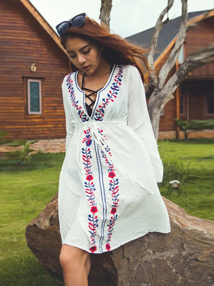 

Платья-кафтан для женщин, пляжная накидка с вышивкой, женское платье с длинными рукавами, туники для пляжа, парео, купальник, пляжная одежда