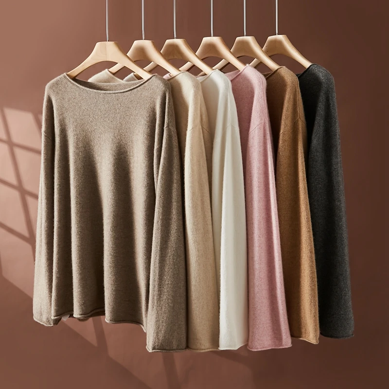 Autumn/Winter Women's 100% Pure Cashmere Pullover Casual Solid Knitted Sweater Loose Curled Edge One Word Neck Tops Warm Jumper