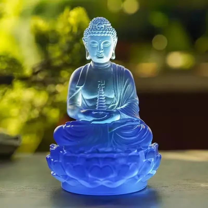 Medicine Buddha Statue Ancient Glass Glazed Tathagata Figure Home Living Room Temple Hall Decorative Ornament Display Art