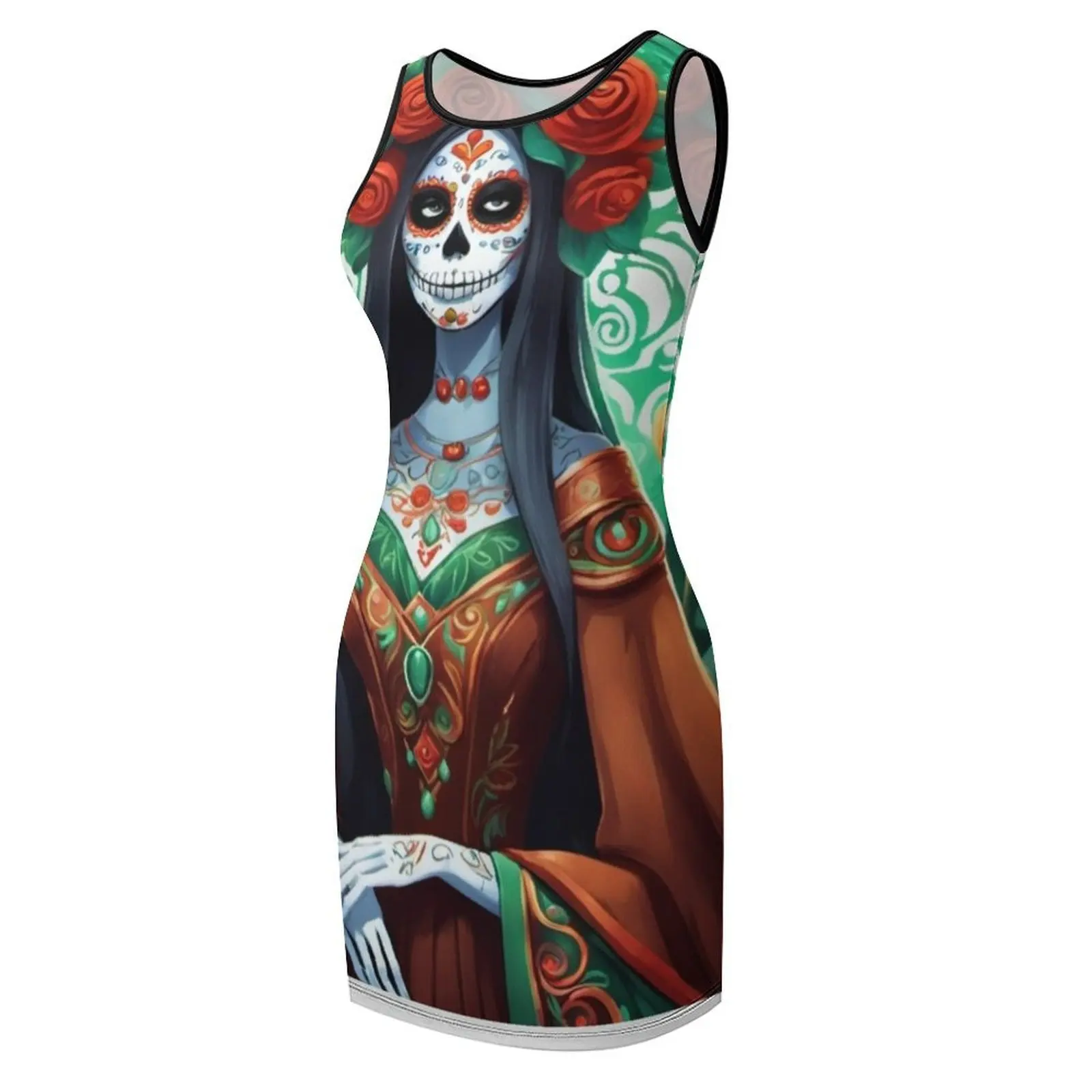 فستان نسائي من Dia de los Muertos Brunette مع فستان بني بدون أكمام فساتين نسائية ملابس فاخرة للنساء