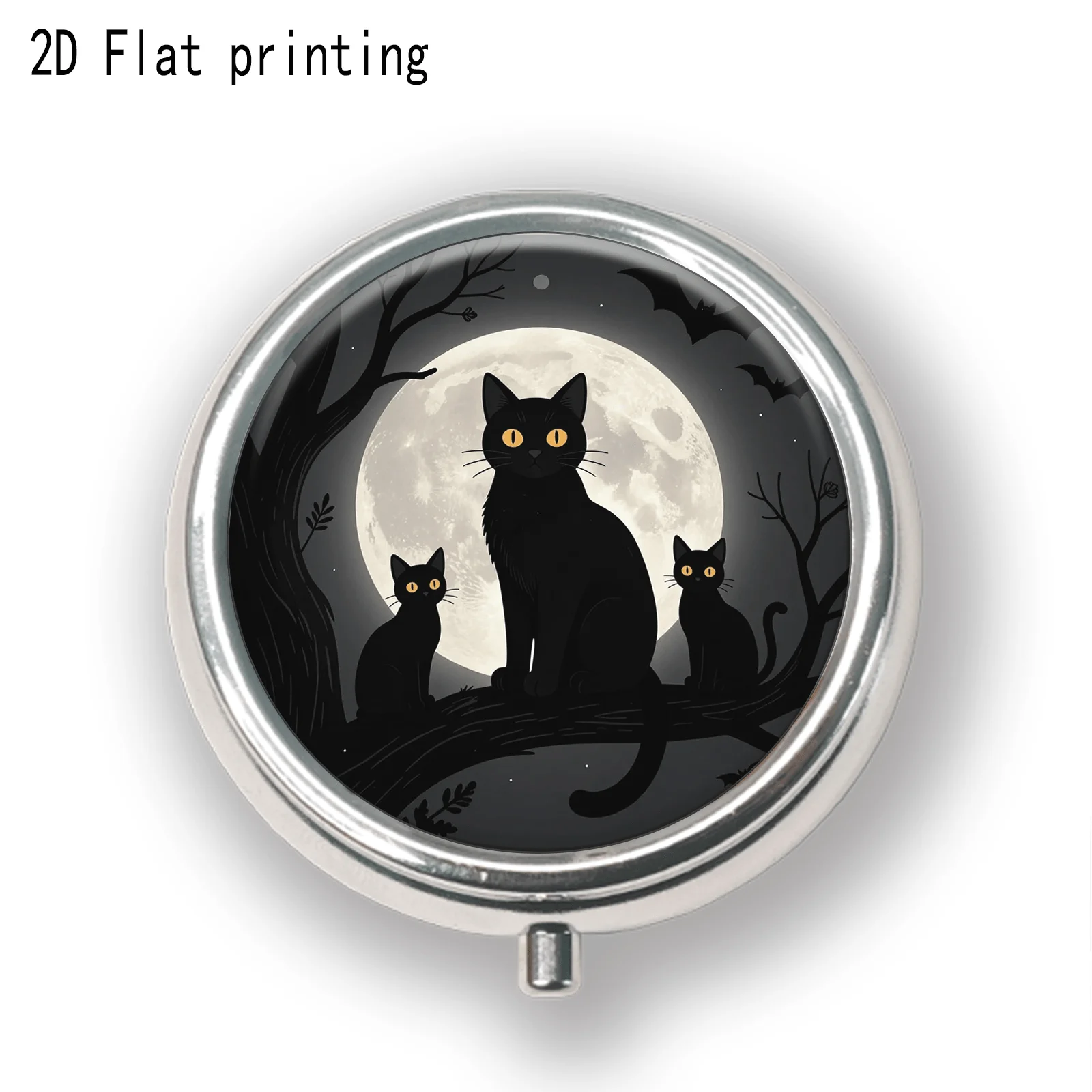 Black Cat, Dead Tree, Bat, Moon Night Pattern, Round Three-Compartment Small Pill Box, Portable Medicine Storage, Small Jewelry Storage, Suitable for Handbags or Travel, Holiday Gifts, Souvenirs, Prizes, Small Gifts, Suitable for Personal Use or as an Exquisite Gift Option